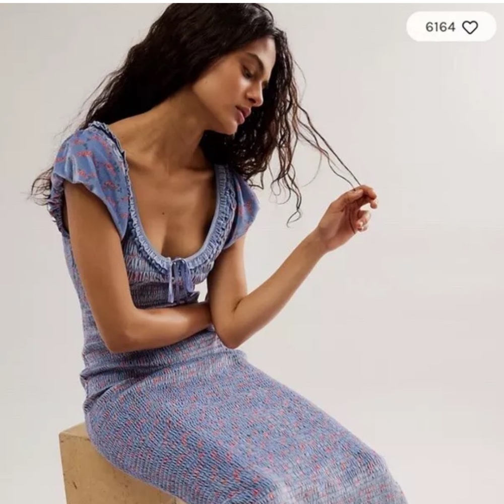 Free People Mckenna Velvet Smocked Slim Fitted Eyelets Ruffles Midi Dress L